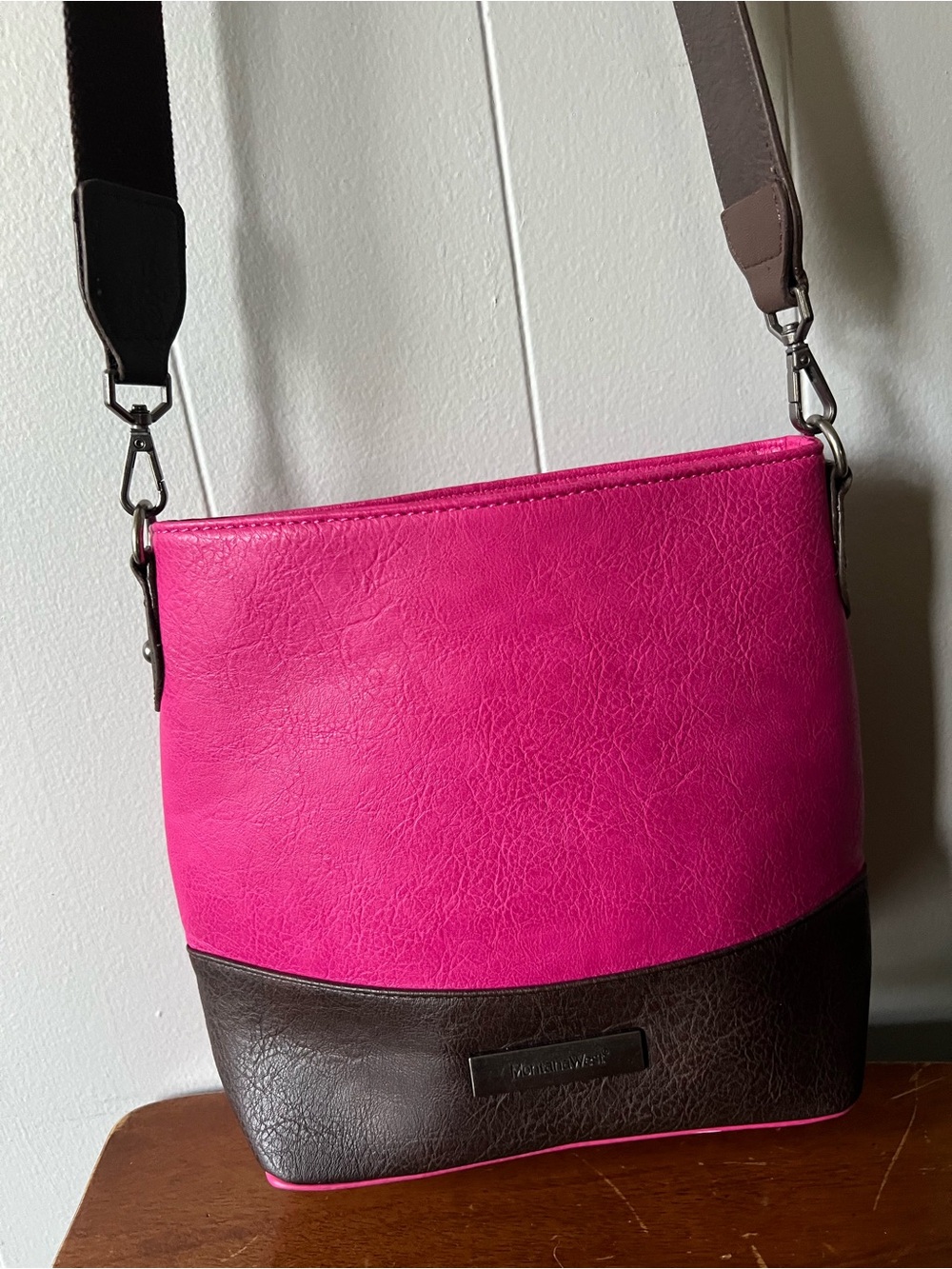 Montana West Pink Brown Colorblock Faux Leather Crossbody Bag